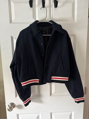 Navy Cropped Bomber Jacket with Striped Trim